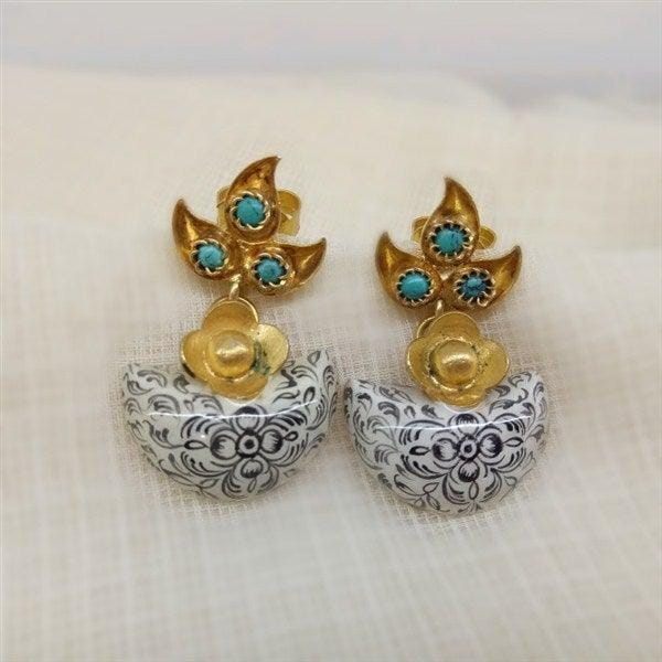 Turquoise & White Moon Shaped Design Stone Earring in Silver With Gold Polish