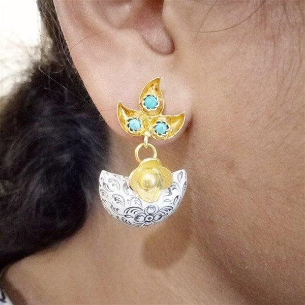 Turquoise & White Moon Shaped Design Stone Earring in Silver With Gold Polish