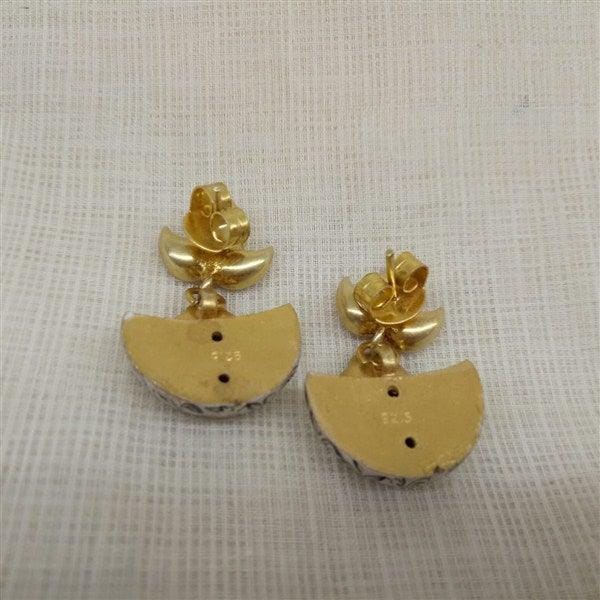 Turquoise & White Moon Shaped Design Stone Earring in Silver With Gold Polish